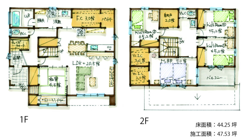 8畳寝室＋2畳＋2畳（計4畳）のウォークインクローゼットがある間取り図